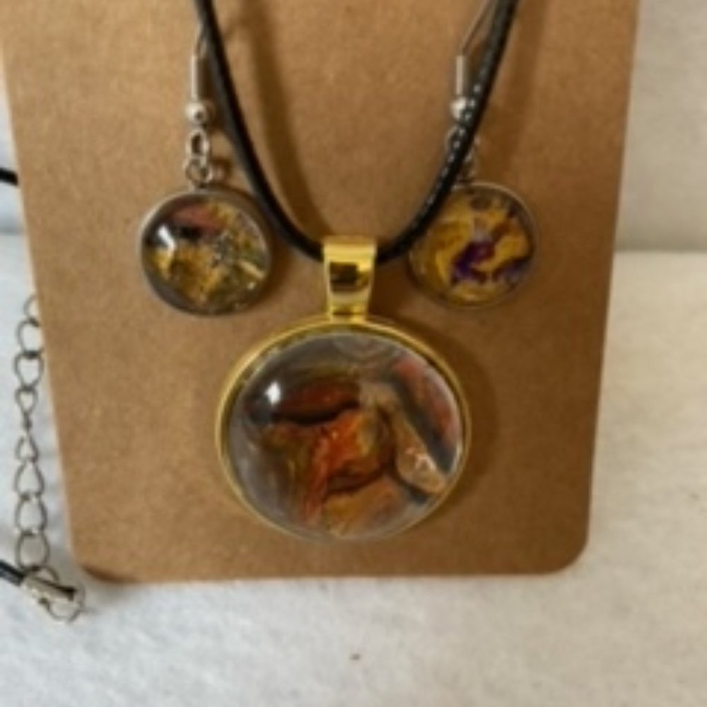 Abstract Acrylic Art Necklace And Earring Set In Gold Colored Bezel